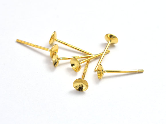 10pcs (5pairs) 24K Gold Vermeil Earring Cup Stud Posts, 925 Sterling Silver Stud Posts, 4mm Cup, 12mm Long 08028)-BeadXpert