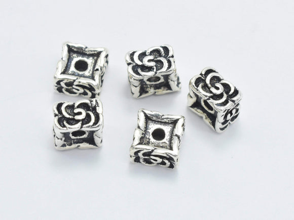 2pcs 925 Sterling Silver Beads-Antique Silver, 6x6mm Square Beads, Flower Beads-Metal Findings & Charms-BeadXpert
