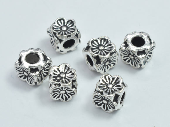 4pcs 925 Sterling Silver Beads-Antique Silver, 4.7x4.7mm Cube Beads, Flower Beads-BeadXpert