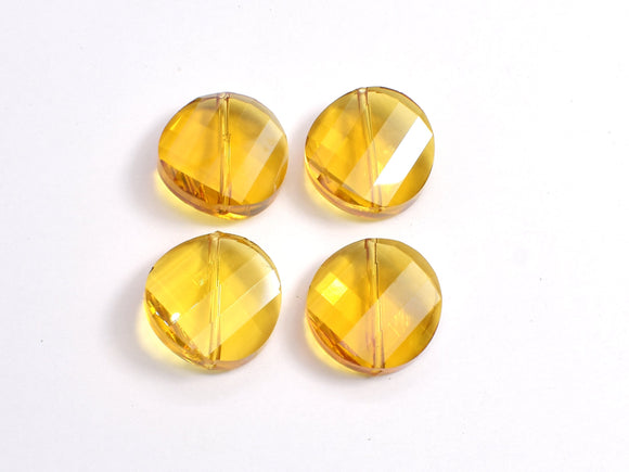 Crystal Glass 18mm Twisted Faceted Coin Beads, Yellow, 4pieces-BeadXpert