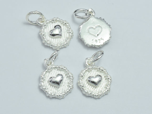 2pcs 925 Sterling Silver Charms, Heart Charms, 10.8mm Coin-BeadXpert