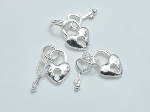 2sets 925 Sterling Silver Charms, Key and Heart Lock Charms, Heart 8x11mm, Key 15x5mm-BeadXpert