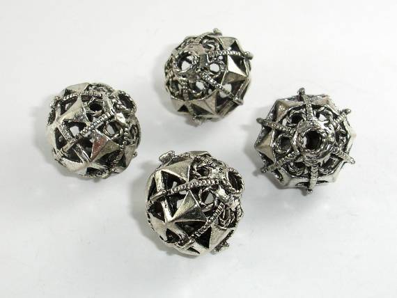 Metal Beads, Metal Hollow Round Spacer, Zinc Alloy, Antique Silver Tone 2pcs-Metal Findings & Charms-BeadXpert