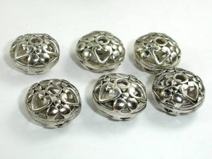 Metal Beads, Metal Hollow Flat Round Spacer, Zinc Alloy, Antique Silver Tone 4pcs-Metal Findings & Charms-BeadXpert