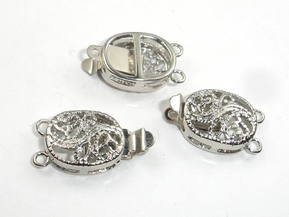 Oval Filigree Box Clasps, Rhodium Plated, 1 and 2 strand, 3pcs-Metal Findings & Charms-BeadXpert